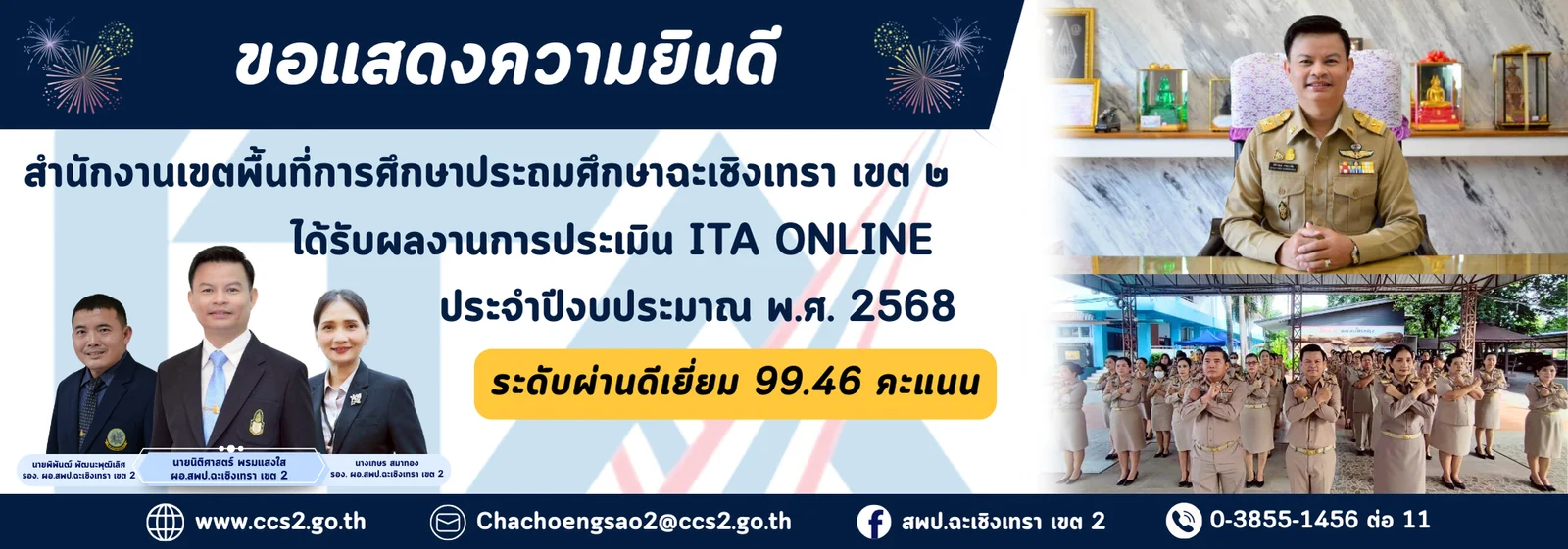ผลการประเมิน ITA Online ประจำปีงบประมาณ พ.ศ. 2568 ระดับผ่านดีเยี่ยม 99.46 คะแนน